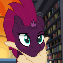 Size: 2500x2500 | Tagged: safe, artist:pizzamovies, tempest shadow, oc, oc:anon, g4, blushing, broken horn, cute, hand, high res, horn, smiling, tempestbetes