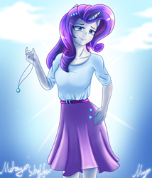Size: 2100x2450 | Tagged: safe, artist:opal_radiance, rarity, unicorn, equestria girls, g4, clothes, cloud, female, high res, horn, jewelry, looking at you, necklace, ponied up, sky