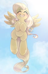 Size: 1269x1968 | Tagged: safe, artist:kurogewapony, fluttershy, pegasus, pony, g4, blushing, cute, eyes closed, female, flying, hooves to the chest, mare, open mouth, shyabetes, sky
