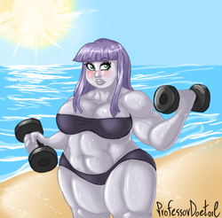 Size: 800x788 | Tagged: safe, artist:professordoctorc, maud pie, equestria girls, g4, beach, belly button, bikini, blushing, breasts, busty maud pie, clothes, dumbbell (object), female, maud pump, musclegut, muscles, muscular female, solo, strong fat, sweat, swimsuit, thighs, thunder thighs, weights