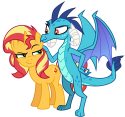 Size: 1024x960 | Tagged: safe, artist:emeraldblast63, princess ember, sunset shimmer, dragon, pony, unicorn, g4, dragoness, duo, duo female, female, simple background, smiling, smirk, smugset shimmer, transparent background, vector