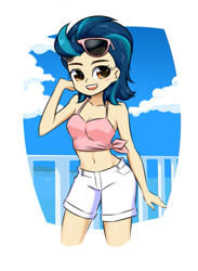 Size: 633x863 | Tagged: safe, artist:twilite-sparkleplz, indigo zap, equestria girls, g4, adorasexy, belly button, big eyes, breasts, cleavage, clothes, cute, eyelashes, female, midriff, sexy, short shirt, shorts, side knot midriff, sleeveless, solo, sunglasses, sunglasses on head, tank top, zapabetes