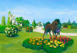 Size: 1754x1216 | Tagged: safe, artist:malinetourmaline, earth pony, pegasus, pony, flower, garden, solo, statue, watering can