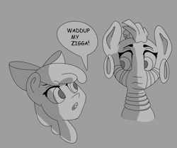 Size: 1344x1123 | Tagged: safe, artist:dog giraffe, apple bloom, zecora, pony, zebra, g4, duo, racism, simple background, speech bubble, this will not end well