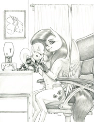 Size: 1000x1286 | Tagged: safe, artist:baron engel, fluttershy, princess celestia, pegasus, semi-anthro, g4, arm hooves, belly button, chair, concave belly, curtains, female, grayscale, looking at you, mare, monochrome, office chair, partially open wings, pencil drawing, picture, pincushion, plushie, ponies sitting like humans, ribcage, sewing machine, shading, sitting, slender, thin, traditional art, wings
