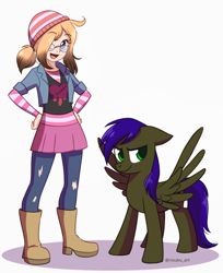 Size: 736x900 | Tagged: safe, artist:riouku, oc, oc:hunter, oc:karen, human, pegasus, pony, beanie, boots, clothes, female, glasses, hat, jacket, jeans, pants, purple mane, shoes, simple background, skirt, striped sweater, sweater, white background
