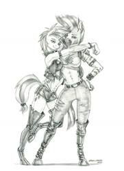 Size: 950x1314 | Tagged: safe, artist:baron engel, rarity, zecora, zebra, anthro, unguligrade anthro, g4, alternate hairstyle, bare midriff, boots, bracelet, breasts, busty rarity, busty zecora, clothes, digital art, ear piercing, female, grayscale, jewelry, lesbian, mare, monochrome, panties, pencil drawing, piercing, punk, raricora, raripunk, ripped pants, shipping, shoes, shorts, simple background, sketch, smiling, tank top, traditional art, underwear, vest, white background