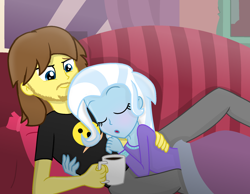 Size: 2116x1640 | Tagged: safe, artist:grapefruitface1, trixie, oc, oc:grapefruit face, equestria girls, g4, base used, blushing, canon x oc, chocolate, clothes, coffee mug, couch, eyes closed, female, food, hot chocolate, male, mug, pajamas, ship:grapexie, shipping, show accurate, sleeping, straight