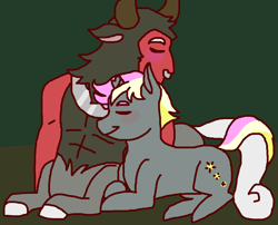 Size: 1868x1508 | Tagged: safe, artist:theedgyduck, lord tirek, oc, oc:disappearing sparkle, centaur, pony, unicorn, g4, blushing, broken horn, canon x oc, cuddling, duo, duo male, eyes closed, floppy ears, gay, horn, interspecies, jewelry, lying down, male, nose piercing, nose ring, piercing, prone, septum piercing, simple background, sleeping, stallion, unicorn oc