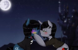 Size: 2047x1324 | Tagged: safe, artist:ebiruchan, earth pony, pony, undead, unicorn, zombie, zombie pony, blushing, bring me the horizon, clothes, colored blushing, commission, disguise, disguised siren, gay, horn, kellin quinn, kissing, lip piercing, long sleeves, male, moon, night, night sky, oliver sykes, outdoors, piercing, ponified, shipping, shirt, sky, sleeping with sirens, stallion, stars, t-shirt, tattoo, ych result