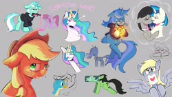 Size: 1920x1080 | Tagged: safe, artist:another_pony, applejack, berry punch, berryshine, derpy hooves, dj pon-3, gallus, lyra heartstrings, octavia melody, princess celestia, princess luna, vinyl scratch, oc, oc:filly anon, alicorn, earth pony, griffon, pegasus, pony, unicorn, fanfic:background pony, g4, art dump, birb, blushing, clothes, crying, dream, dream bubble, female, filly, floppy ears, gray background, head pat, heart, hoodie, hoof hold, kissing, lesbian, long neck, looking at you, luna is not amused, lyra is not amused, lyre, mare, mouth hold, musical instrument, one eye closed, pat, petting, princess necklestia, red eyes, seductive wink, ship:scratchtavia, shipping, siblings, simple background, sisters, spill, spilled drink, stuck, teary eyes, text, unamused, wall of tags, wink, winking at you
