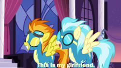 Size: 1280x720 | Tagged: safe, edit, edited screencap, screencap, misty fly, spitfire, pegasus, pony, g4, rarity investigates, caption, clothes, eyes closed, female, image macro, lesbian, mare, shipping, spitfly, spread wings, text, uniform, wings, wonderbolts uniform