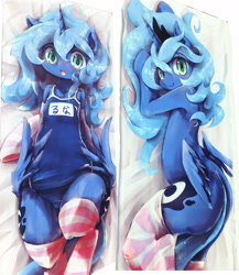 Size: 3995x4608 | Tagged: safe, artist:kolshica, princess luna, anthro, g4, butt wings, clothes, dakimakura cover, female, one-piece swimsuit, school swimsuit, socks, solo, striped socks, swimsuit, wings