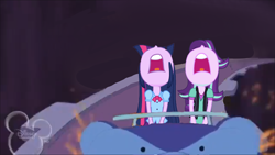 Size: 1920x1080 | Tagged: safe, edit, edited screencap, screencap, starlight glimmer, twilight sparkle, equestria girls, g4, female, giant head, open mouth, roller coaster, screaming, sparks, the emperor's new groove, the emperor's new school