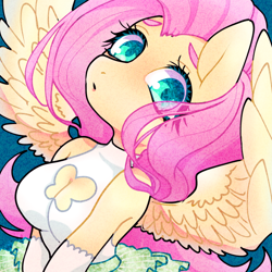 Size: 640x640 | Tagged: safe, artist:bbtasu, fluttershy, anthro, g4, boob window, breasts, busty fluttershy, cleavage, cute, eye clipping through hair, female, looking at you, shyabetes, solo, thick eyebrows