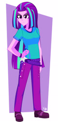 Size: 1548x3264 | Tagged: safe, artist:xan-gelx, aria blaze, equestria girls, g4, abstract background, clothes, female, hand on hip, high res, pants, shirt, shoes, simple background, solo