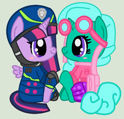 Size: 620x593 | Tagged: safe, artist:jadeharmony, glitter drops, twilight sparkle, alicorn, pony, series:sprglitemplight diary, series:sprglitemplight life jacket days, series:springshadowdrops diary, series:springshadowdrops life jacket days, g4, alternate universe, base used, chase (paw patrol), clothes, duo, female, lesbian, paw patrol, ship:glitterlight, shipping, skye (paw patrol), spy chase (paw patrol), twilight sparkle (alicorn)