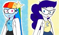 Size: 950x578 | Tagged: safe, artist:pagiepoppie12345, rainbow dash, rarity, human, equestria girls, g4, clothes, crossover, glasses, humanized, johnny test, lab coat, mary test, susan test