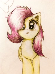 Size: 2500x3334 | Tagged: safe, artist:papersurgery, fluttershy, bat pony, pegasus, pony, g4, bat ponified, colored pencil drawing, cute, female, flutterbat, high res, open mouth, photo, race swap, shyabetes, solo, traditional art