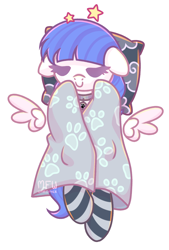 Size: 1364x2012 | Tagged: safe, artist:wavecipher, oc, oc only, oc:snow pup, pegasus, pony, blanket, clothes, cloud, collar, eyes closed, pet tag, pillow, simple background, sleeping, socks, stars, striped socks, transparent background