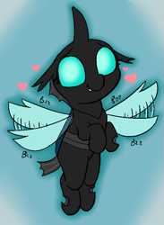 Size: 567x774 | Tagged: safe, artist:heretichesh, changeling, nymph, :t, blue background, buzzing, cute, cuteling, flapping, floppy ears, flying, gradient background, heart, looking at you, love, shy, smiling, solo, weapons-grade cute, wings
