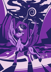 Size: 1169x1654 | Tagged: safe, artist:calena, twilight sparkle, alicorn, pony, g4, colored, female, flat colors, horn, magic, monochrome, moon, mountain, solo, stars, twilight sparkle (alicorn), wings