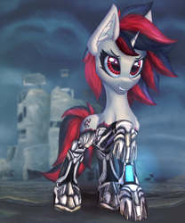 Size: 1750x2100 | Tagged: safe, artist:xeniusfms, oc, oc only, oc:blackjack, cyborg, pony, unicorn, fallout equestria, fallout equestria: project horizons, amputee, augmented, cybernetic legs, fanfic art, female, grin, horn, mare, rain, ruins, small horn, smiling
