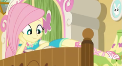 Size: 635x342 | Tagged: safe, screencap, angel bunny, fluttershy, do it for the ponygram!, equestria girls, g4, my little pony equestria girls: better together, bed, book, cropped, cute, fluttershy's bedroom, geode of fauna, magical geodes, reading, sandals, shyabetes