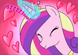 Size: 1460x1031 | Tagged: safe, artist:madmax, princess cadance, alicorn, pony, g4, comic, cropped, eyes closed, female, heart, love spell, mare, one-panel comic, smiling