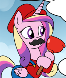 Size: 786x929 | Tagged: safe, artist:madmax, edit, princess cadance, alicorn, pony, g4, cap, clothes, comic, cosplay, costume, cropped, crossover, female, hat, male, mare, mario, mario's hat, moustache, plunger, super mario bros.