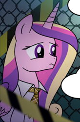 Size: 706x1075 | Tagged: safe, artist:madmax, edit, princess cadance, alicorn, pony, g4, clothes, comic, cosplay, costume, cropped, female, mare, necktie, solo, student