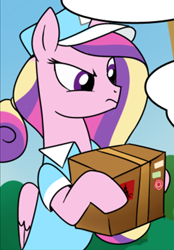 Size: 714x1025 | Tagged: safe, artist:madmax, edit, princess cadance, alicorn, pony, g4, alternate hairstyle, clothes, comic, costume, cropped, female, hat, mailmare, mare, parcel