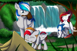 Size: 4928x3265 | Tagged: safe, artist:melodisde, oc, oc:blazing sky, oc:diamond sun, oc:hawker hurricane, oc:sapphire moon, pegasus, pony, camping, colt, commission, cute, family, female, filly, foal, grass, hawkmond, male, mare, nature, parent:oc:diamond sun, parent:oc:hawker hurricane, parents:hawkmond, pegasus oc, stallion, tree, twins, water, waterfall, wings