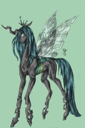 Size: 1024x1542 | Tagged: safe, artist:just-rat, queen chrysalis, changeling, changeling queen, g4, crown, female, green background, jewelry, regalia, simple background, solo