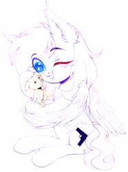 Size: 1352x1818 | Tagged: safe, artist:astralblues, oc, oc only, oc:pestyskillengton, dog, pegasus, pony, chest fluff, cute, ear fluff, female, fluffy, happy, holding, hug, mare, one eye closed, pegasus oc, pegasus wings, sketch, solo, wings, wink