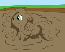 Size: 2000x1600 | Tagged: safe, artist:amateur-draw, fluttershy, pegasus, pony, g4, 90s grunge fluttershy, baseball cap, cap, clothes, covered in mud, female, hat, mare, messy, mud, mud bath, muddy, simple background, skirt, solo