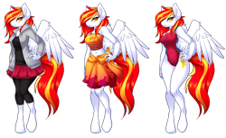 Size: 10248x6264 | Tagged: safe, artist:scarlet-spectrum, oc, oc only, oc:diamond sun, pegasus, anthro, unguligrade anthro, anthro oc, belly button, bikini, breasts, clothes, commission, female, hand on hip, hoodie, leggings, looking at you, mare, midriff, one-piece swimsuit, outfit, pegasus oc, sarong, shirt, simple background, skirt, smiling at you, solo, spread wings, swimsuit, transparent background, wings