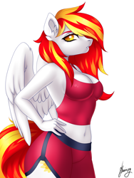 Size: 3000x4000 | Tagged: safe, artist:skairsy, oc, oc only, oc:diamond sun, pegasus, anthro, anthro oc, armpits, belly button, breasts, cleavage, clothes, ear fluff, female, hand on hip, looking at you, mare, pegasus oc, simple background, solo, spread wings, tank top, white background, wings, workout