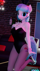 Size: 2160x3840 | Tagged: safe, artist:nyaasapphire, coco pommel, earth pony, anthro, plantigrade anthro, g4, 3d, black leotard, breasts, bunny suit, busty coco pommel, clothes, female, fishnet stockings, hand on chest, high heels, high res, leotard, looking at you, shoes, solo, stiletto heels