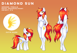 Size: 4766x3291 | Tagged: safe, artist:scarlet-spectrum, oc, oc only, oc:diamond sun, pegasus, pony, anthro, unguligrade anthro, belly button, breasts, commission, cutie mark, featureless breasts, featureless crotch, female, hand on hip, mare, reference sheet, solo, wings