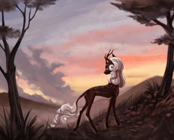 Size: 2028x1641 | Tagged: safe, artist:weird--fish, oc, oc only, unnamed oc, kirin, butt, cloud, concave belly, evening, featured image, female, hill, kirin oc, leonine tail, looking away, mare, outdoors, plot, scenery, side view, skinny, sky, slender, solo, sunset, tail, thin, tree, turned head