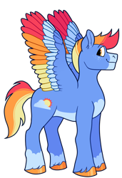 Size: 1024x1500 | Tagged: safe, artist:malphym, oc, oc only, oc:sunny skies, pegasus, pony, colored wings, magical lesbian spawn, male, multicolored wings, offspring, parent:applejack, parent:rainbow dash, parents:appledash, simple background, solo, stallion, transparent background, wings