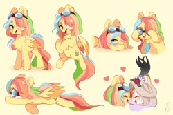 Size: 1280x854 | Tagged: safe, artist:keiava, oc, oc:radiant flora, oc:zapple cider, hybrid, pegasus, pony, chibi, female, goggles, interspecies offspring, magical lesbian spawn, mare, offspring, parent:applejack, parent:discord, parent:fluttershy, parent:rainbow dash, parents:appledash, parents:discoshy