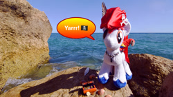 Size: 1920x1080 | Tagged: safe, artist:steam-loco, oc, oc:stroopwafeltje, pony, unicorn, albufeira, convention oc, irl, male, ocean, photo, pirate, plushie, ponycon holland, portugal, rock, scenery, solo, speech bubble, stallion, talk like a pirate day