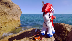 Size: 1920x1080 | Tagged: safe, alternate version, artist:steam-loco, oc, oc:stroopwafeltje, pony, unicorn, albufeira, convention oc, irl, male, ocean, photo, pirate, plushie, ponycon holland, portugal, rock, scenery, solo, stallion, talk like a pirate day