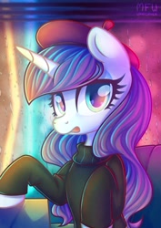 Size: 848x1200 | Tagged: safe, artist:wavecipher, rarity, pony, unicorn, g4, sweet and elite, beatnik rarity, beret, clothes, cute, female, hat, heart, heart eyes, mare, open mouth, rain, solo, sweater, wingding eyes