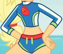 Size: 1218x1035 | Tagged: safe, screencap, applejack, blue crushed, equestria girls, g4, my little pony equestria girls: better together, applejack's beach shorts swimsuit, beach shorts swimsuit, belly button, bikini, boobshot, breasts, clothes, cropped, female, geode of super strength, jewelry, magical geodes, necklace, pictures of bellies, pictures of chests, solo, swimsuit