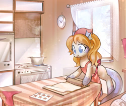 Size: 3240x2731 | Tagged: safe, artist:mirroredsea, oc, oc only, oc:marina, original species, g4, apron, baking, clothes, commission, female, high res, kitchen, rolling pin, solo