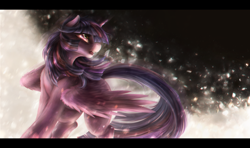 Size: 2200x1300 | Tagged: safe, artist:ventious, twilight sparkle, alicorn, pony, g4, abstract background, dutch angle, female, flowing tail, horn, letterboxing, looking sideways, mare, remake, solo, spread wings, tail, twilight sparkle (alicorn), wings