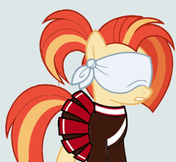 Size: 642x591 | Tagged: safe, screencap, shimmy shake, earth pony, pony, 2 4 6 greaaat, g4, blindfold, cheerleader outfit, clothes, dress with skirt, female, mare, pleated skirt, skirt, solo